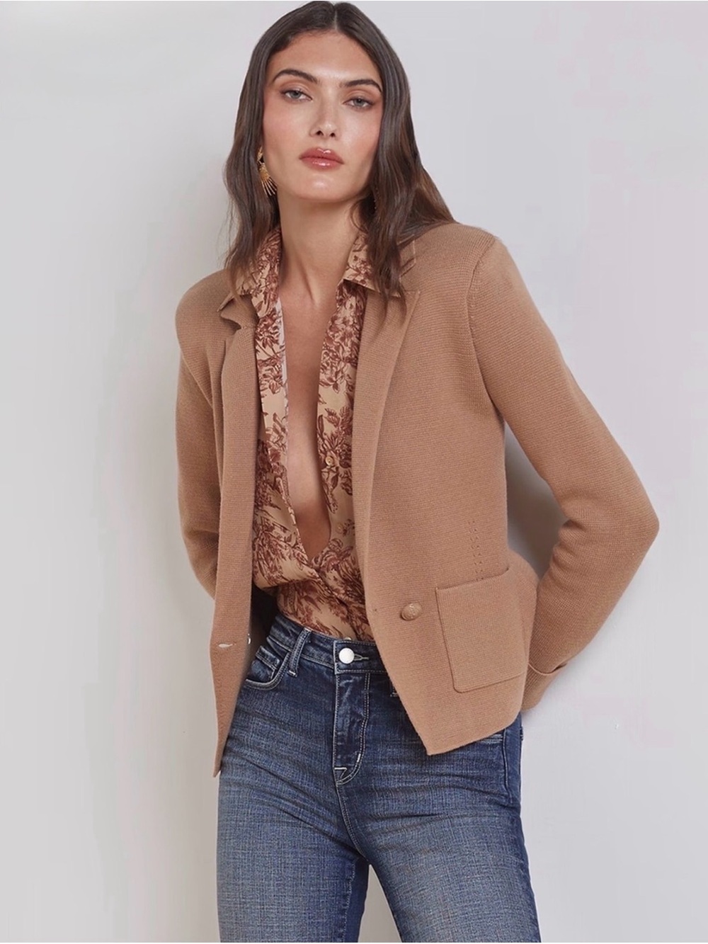 L’AGENCE Sofia Knit Double Breasted Blazer XL Ginger Snap Brown Tonal Buttons